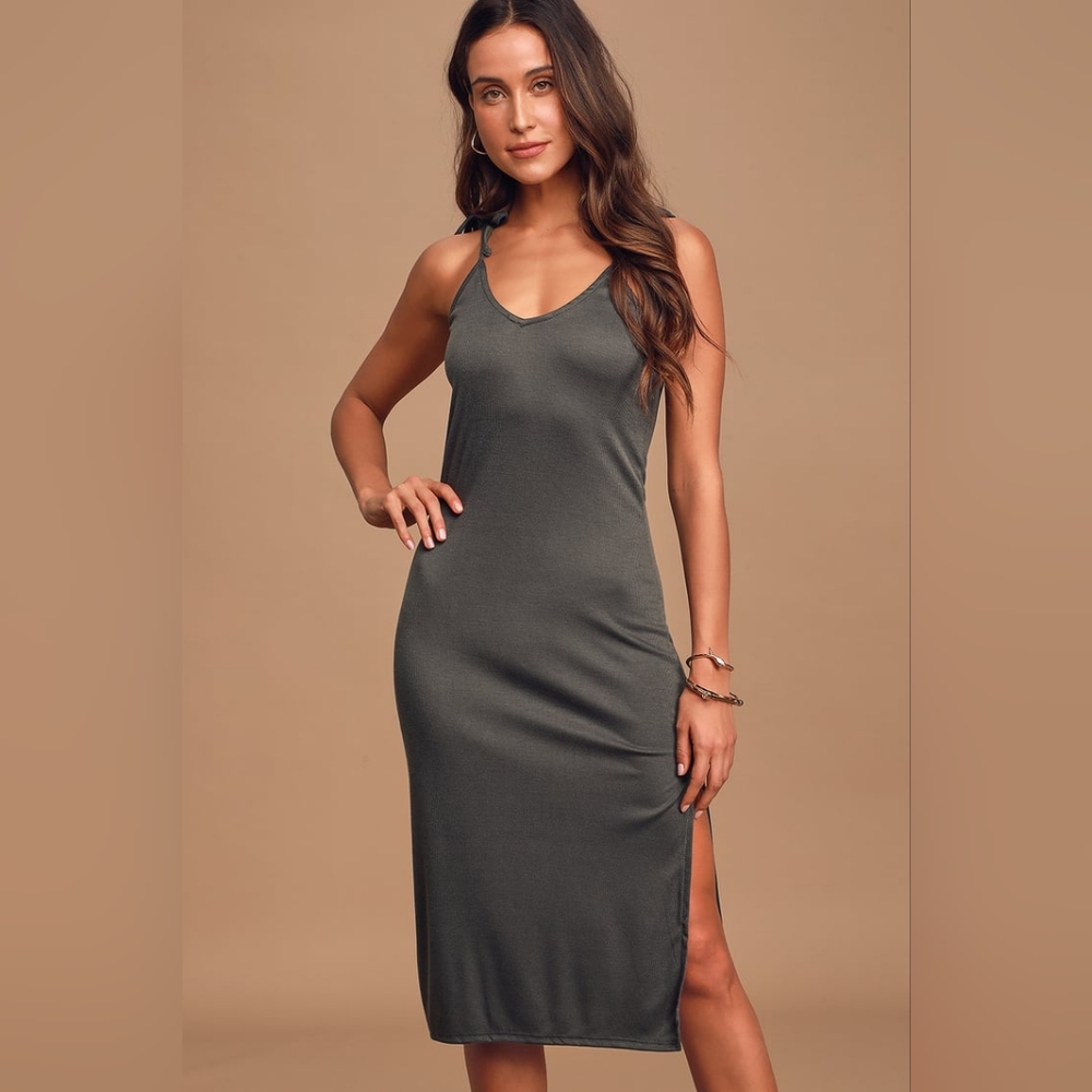 Lulus Laid Back Livin' Charcoal Grey Ribbed Tie-Strap Midi Dress